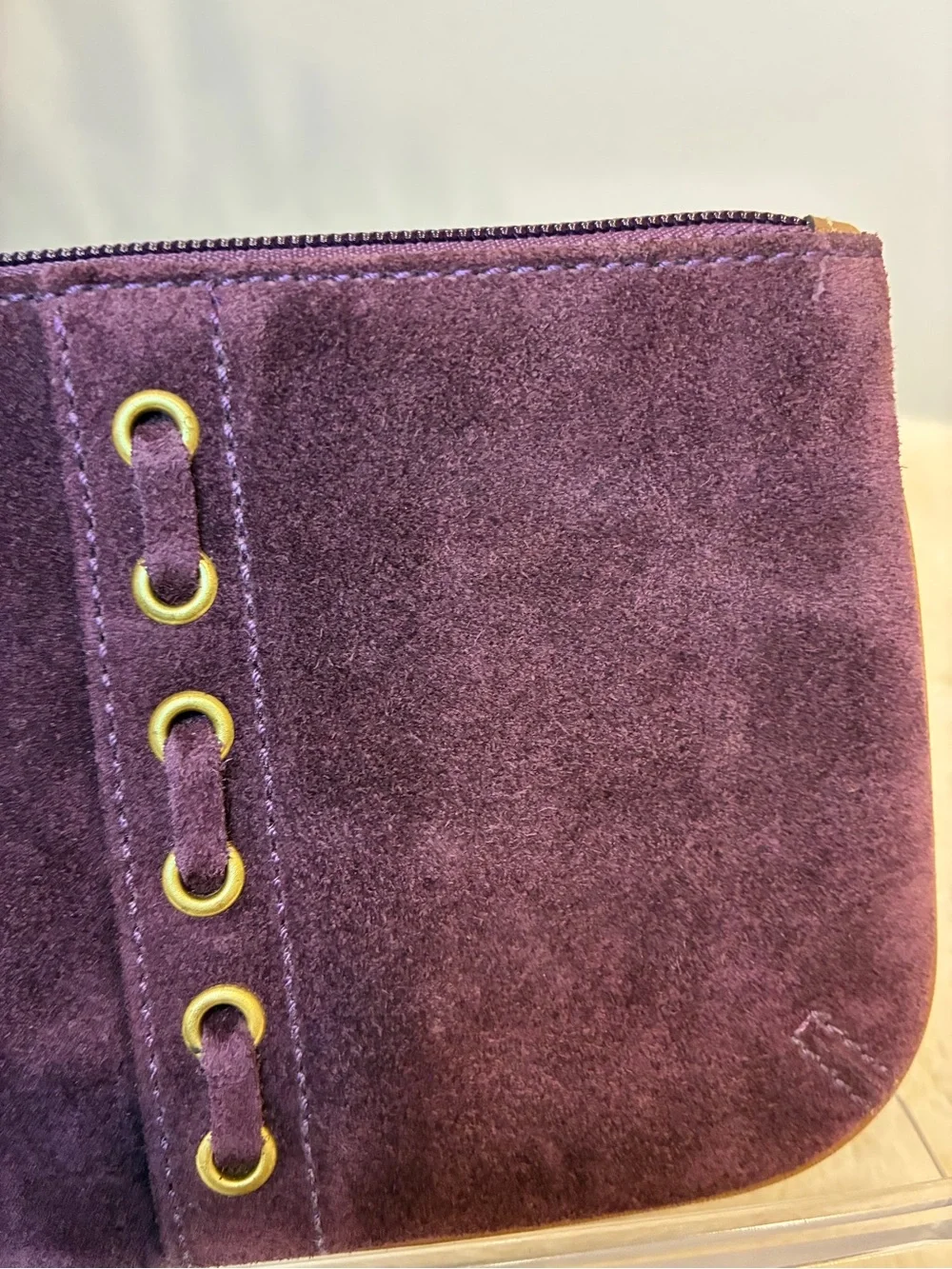 Coach Purple Suede Wristlet Clutch Brown Leather Trim Brass Grommet Y2K Vintage